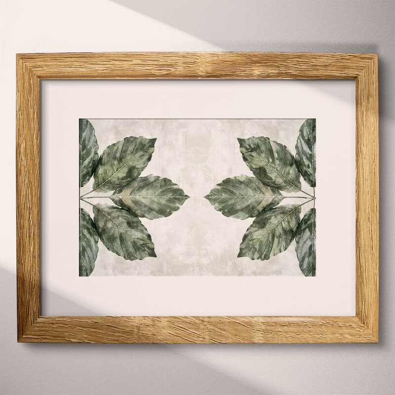 Matted frame view of A botanical textile print, symmetric leaf pattern