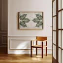 Room view with a full frame of A botanical textile print, symmetric leaf pattern