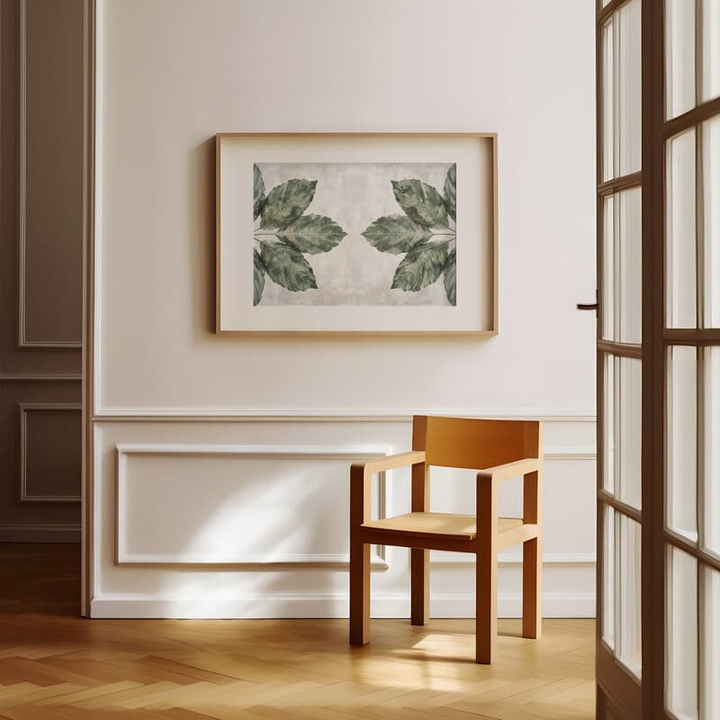 Room view with a matted frame of A botanical textile print, symmetric leaf pattern