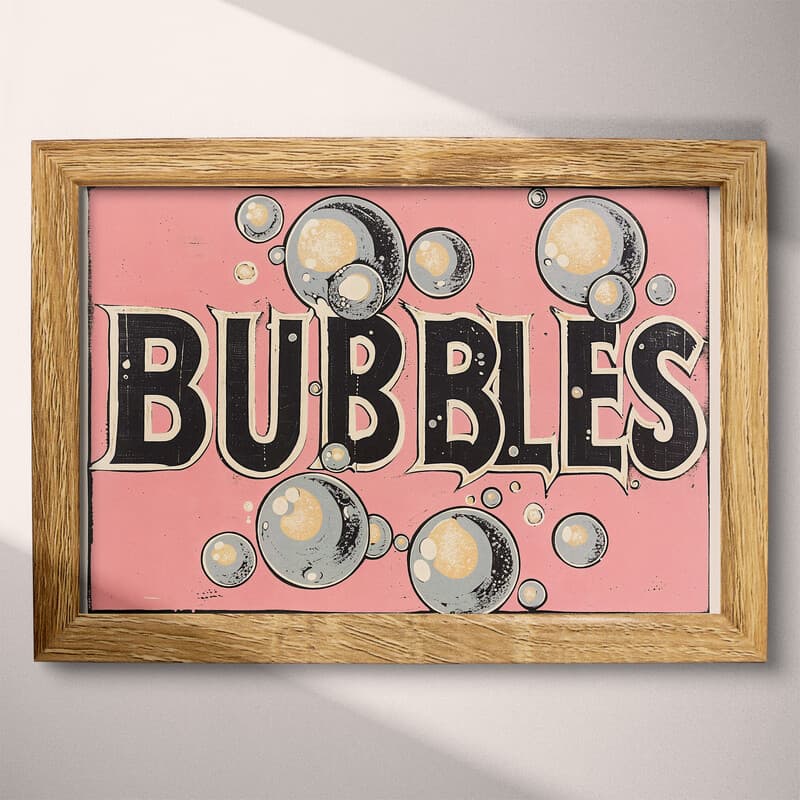 Full frame view of A vintage linocut print, the word "BUBBLES" with soap bubbles