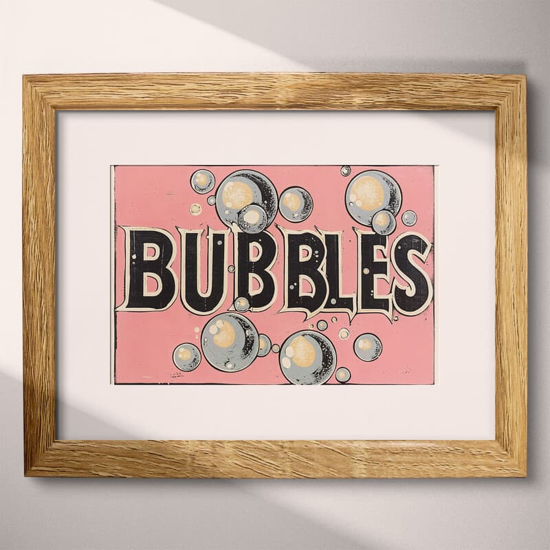 Matted frame view of A vintage linocut print, the word "BUBBLES" with soap bubbles