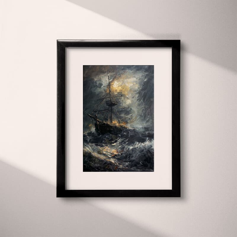 Matted frame view of An impressionist oil painting, ship in a storm