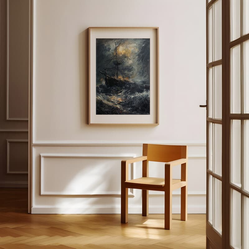 Room view with a matted frame of An impressionist oil painting, ship in a storm