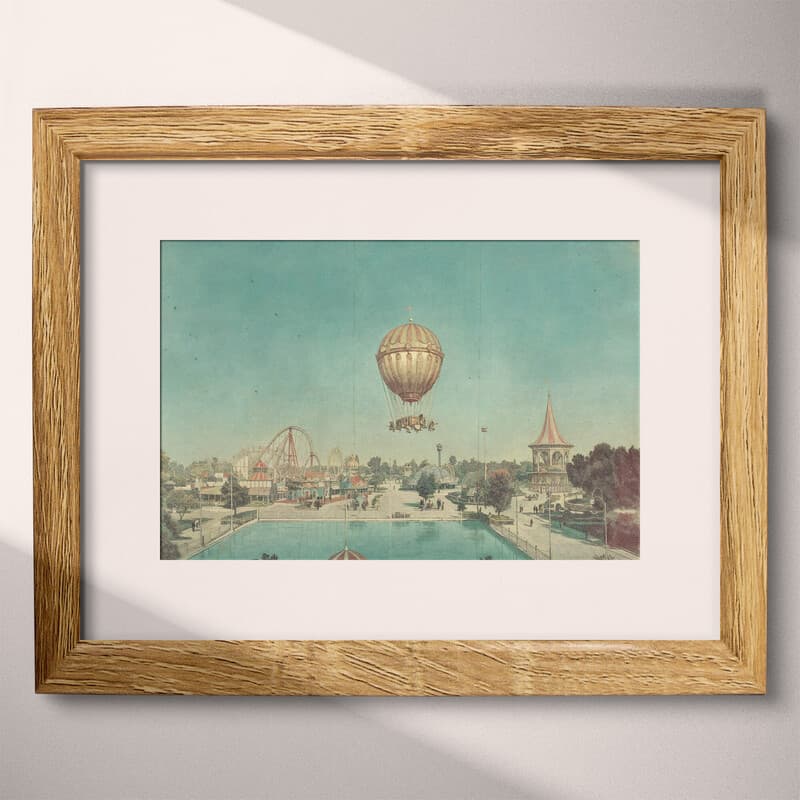 Matted frame view of A vintage pastel pencil illustration, an amusement park, distant view