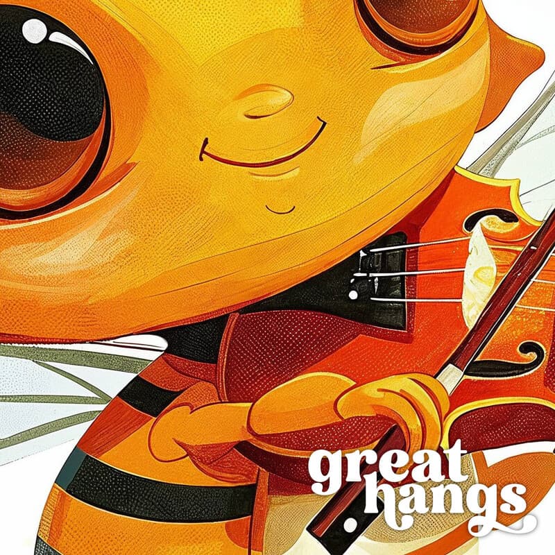 Closeup view of A cute simple cartoon drawing, a bee playing a violin