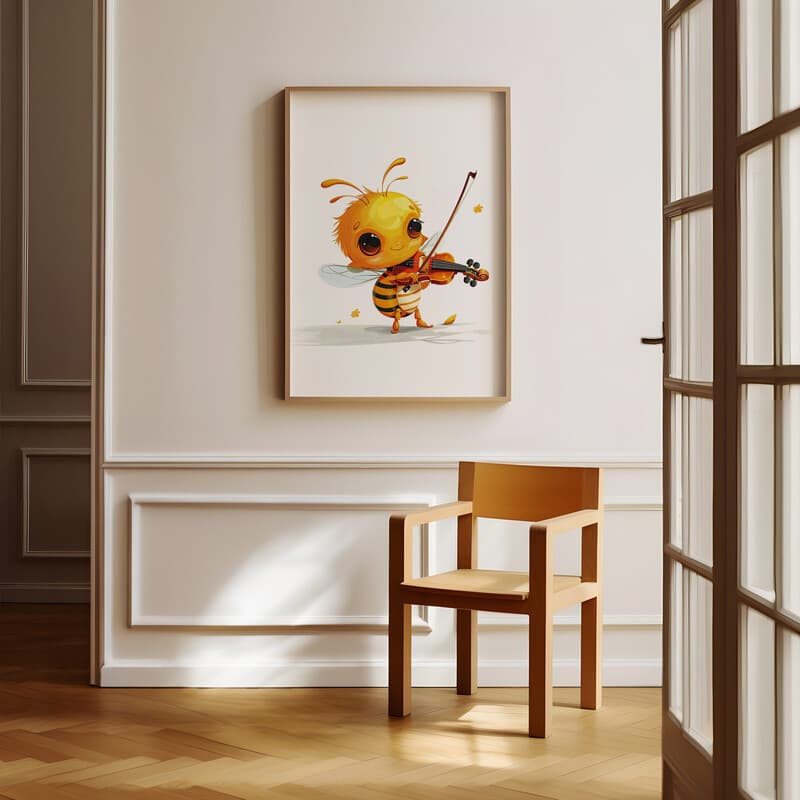 Room view with a full frame of A cute simple cartoon drawing, a bee playing a violin