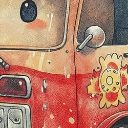 Fire Truck Digital Download | Vehicles Wall Decor | White, Black, Gray, Red and Pink Decor | Chibi Print | Kids Wall Art | Back To School Art | Colored Pencil Illustration
