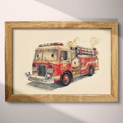 Fire Truck Digital Download | Vehicles Wall Decor | White, Black, Gray, Red and Pink Decor | Chibi Print | Kids Wall Art | Back To School Art | Colored Pencil Illustration
