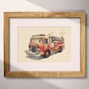 Matted frame view of A cute chibi anime colored pencil illustration, a fire truck