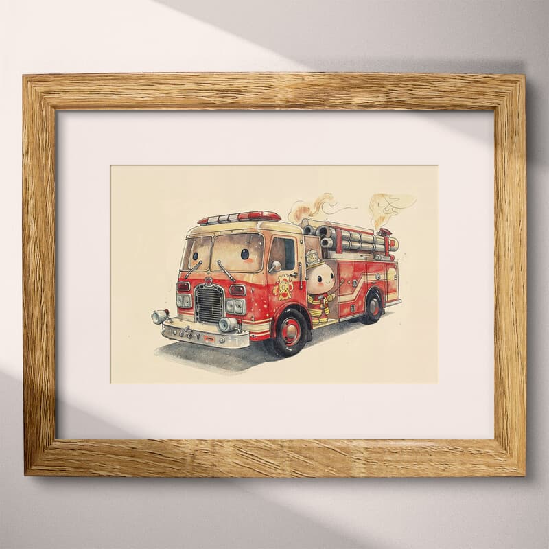 Matted frame view of A cute chibi anime colored pencil illustration, a fire truck