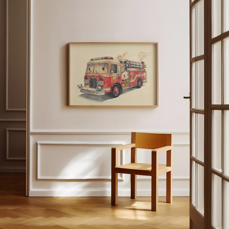 Room view with a full frame of A cute chibi anime colored pencil illustration, a fire truck