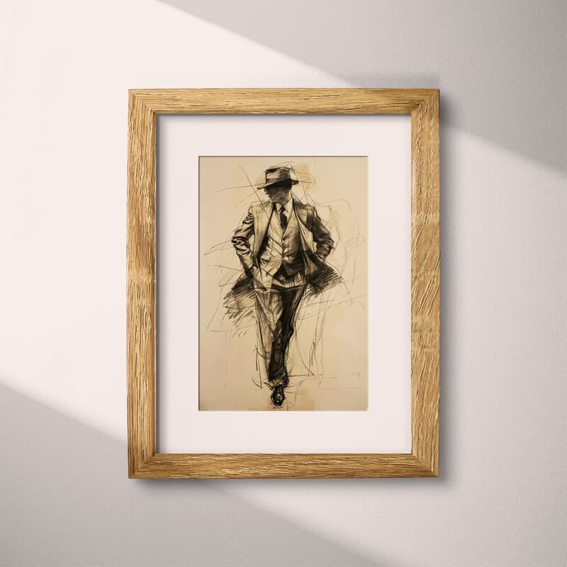 Matted frame view of A vintage graphite sketch, a fashion sketch of a man's suit