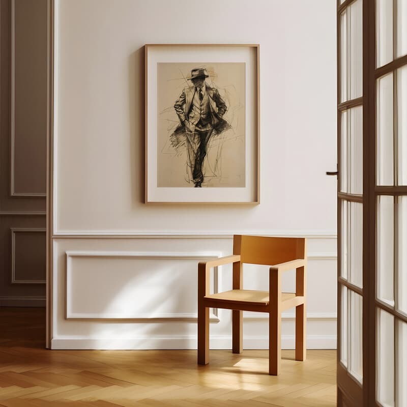 Room view with a matted frame of A vintage graphite sketch, a fashion sketch of a man's suit