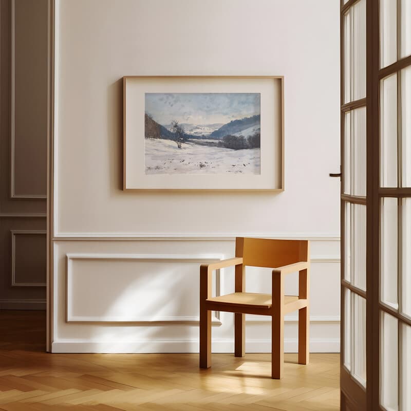 Room view with a matted frame of An impressionist oil painting, a snowy valley