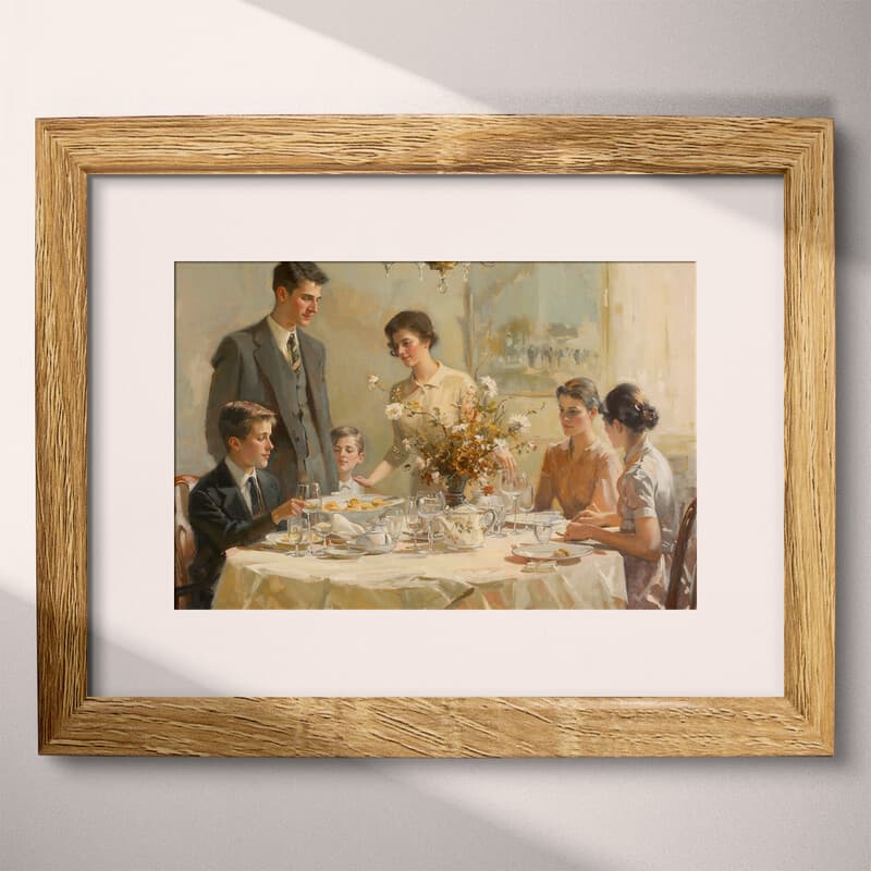 Matted frame view of A mid-century oil painting, a family at the dinner table