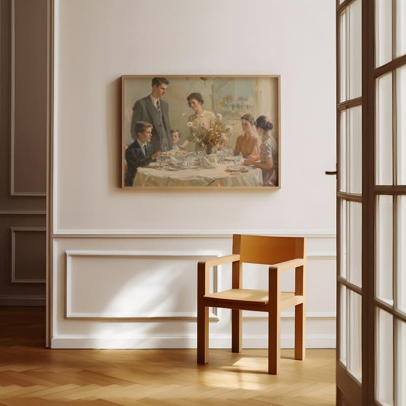 Room view with a full frame of A mid-century oil painting, a family at the dinner table