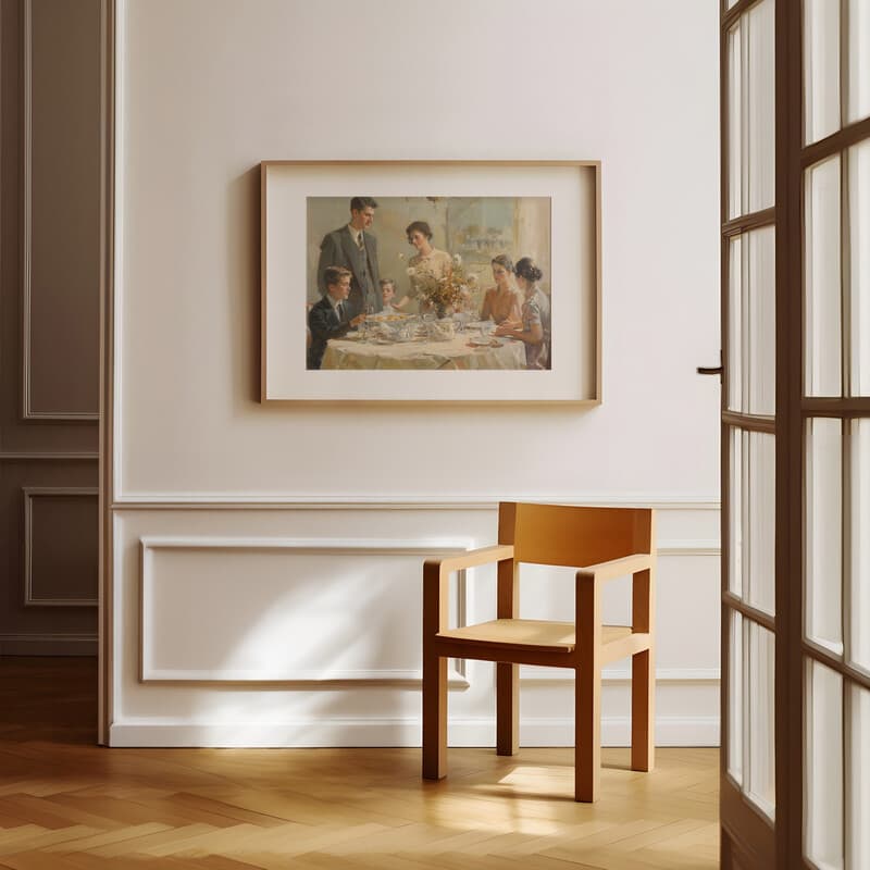 Room view with a matted frame of A mid-century oil painting, a family at the dinner table