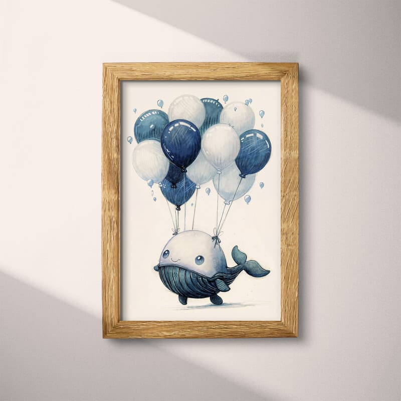 Full frame view of A cute chibi anime pastel pencil illustration, a whale with balloons tied around it