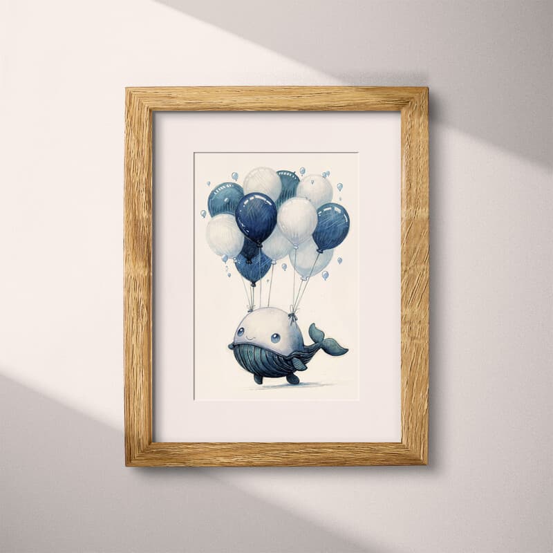 Matted frame view of A cute chibi anime pastel pencil illustration, a whale with balloons tied around it