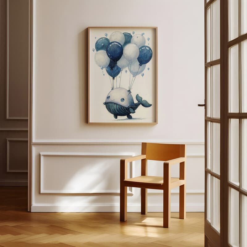 Room view with a full frame of A cute chibi anime pastel pencil illustration, a whale with balloons tied around it