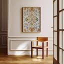 Room view with a full frame of A contemporary textile print, symmetric jewelry pattern