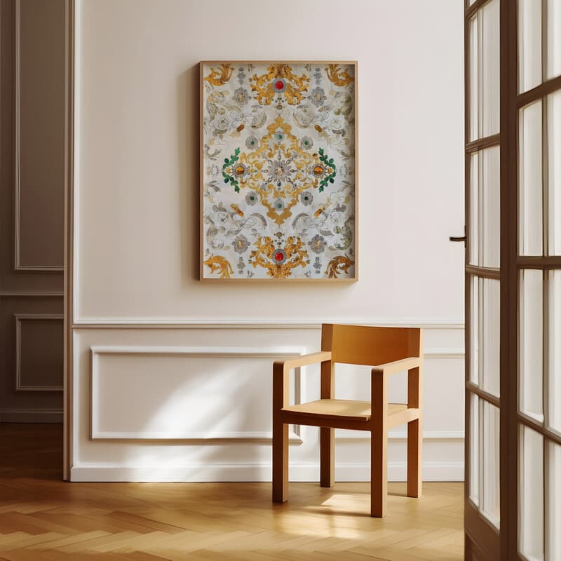 Room view with a full frame of A contemporary textile print, symmetric jewelry pattern