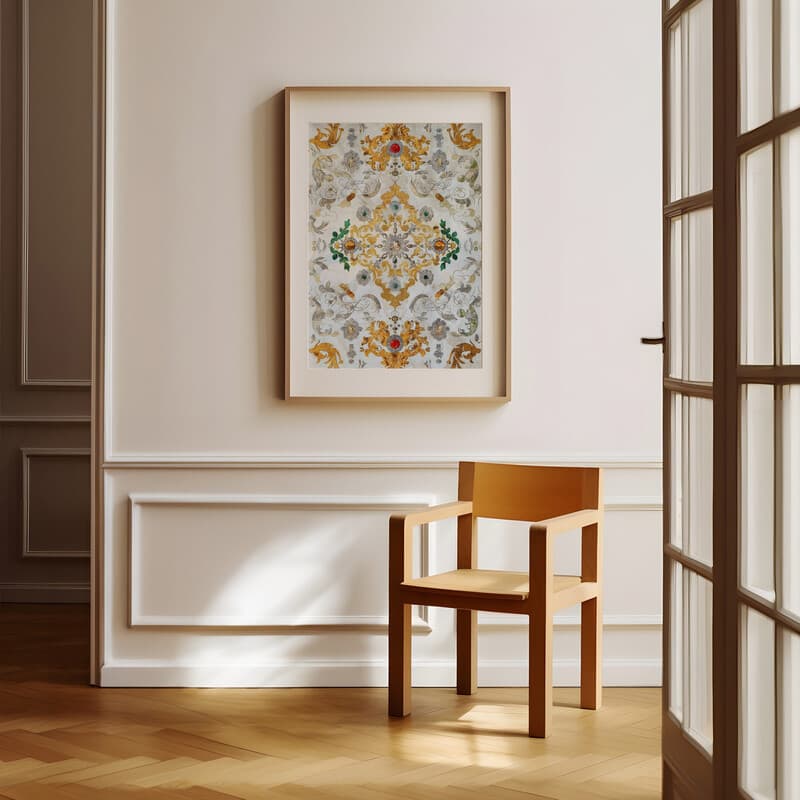 Room view with a matted frame of A contemporary textile print, symmetric jewelry pattern