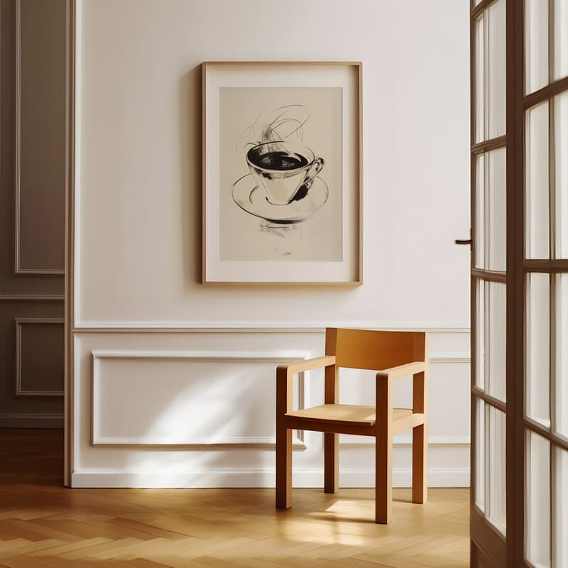 Room view with a matted frame of A vintage pencil sketch, a cup of coffee