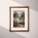 Matted frame view of An impressionist oil painting, thick forest, gray sky