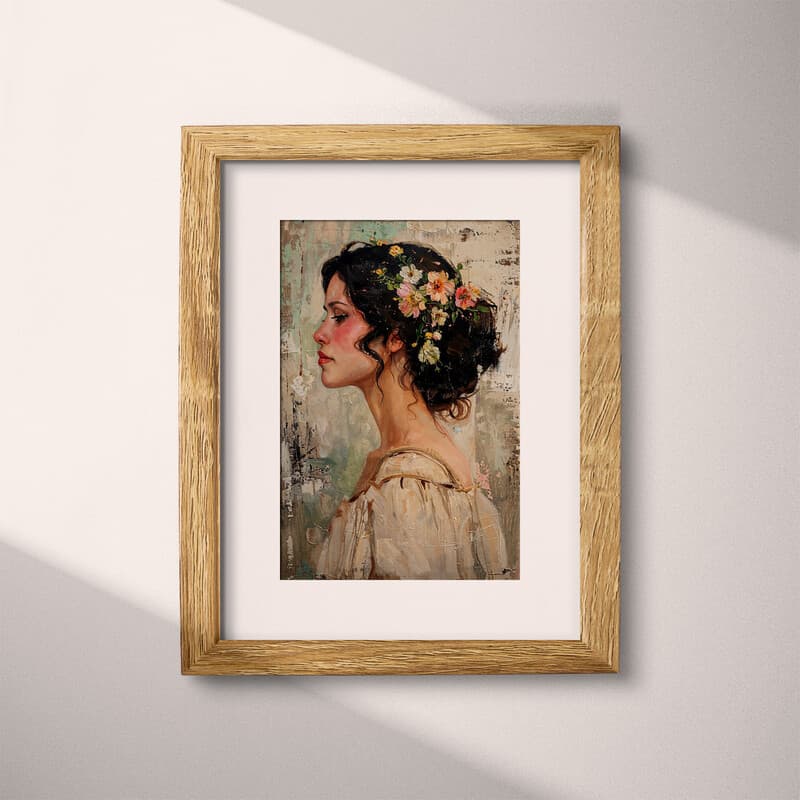 Matted frame view of A puerto rican oil painting, woman with flowers in her hair, side view