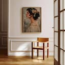 Room view with a full frame of A puerto rican oil painting, woman with flowers in her hair, side view