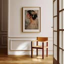 Room view with a matted frame of A puerto rican oil painting, woman with flowers in her hair, side view