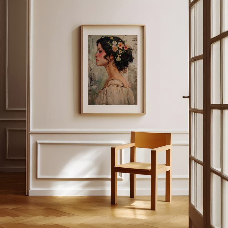 Room view with a matted frame of A puerto rican oil painting, woman with flowers in her hair, side view