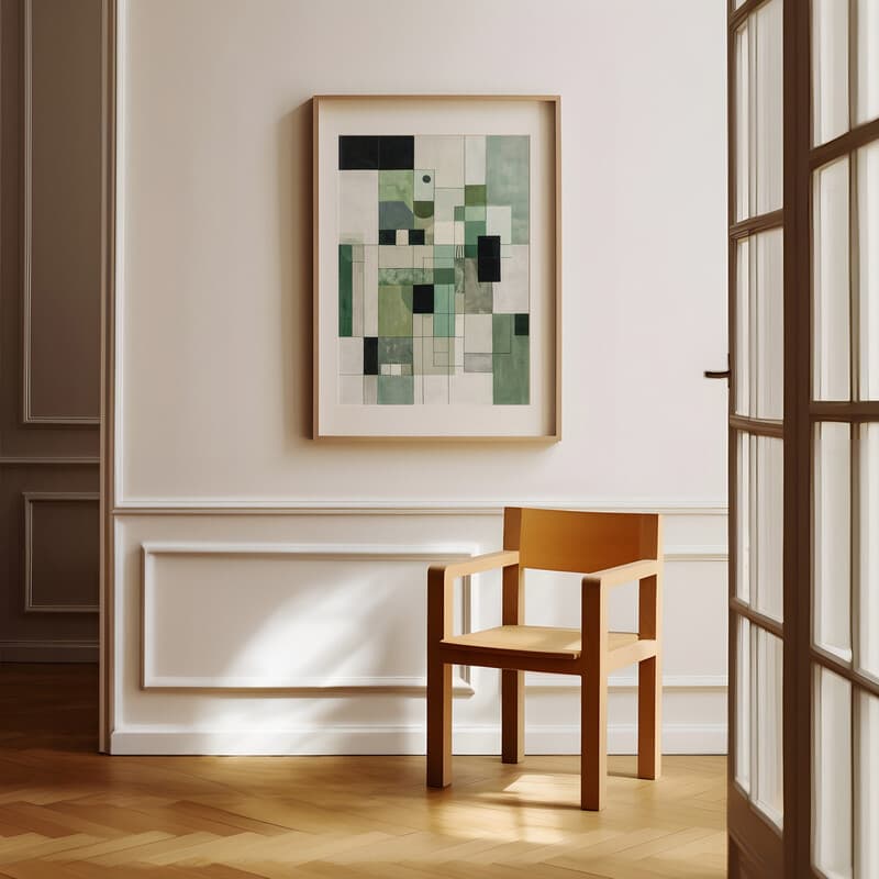 Room view with a matted frame of A contemporary flat 2D illustration, a grid of squares