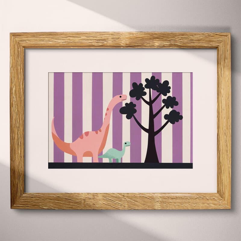 Matted frame view of A cute simple illustration with simple shapes, a dinosaur next to a tree