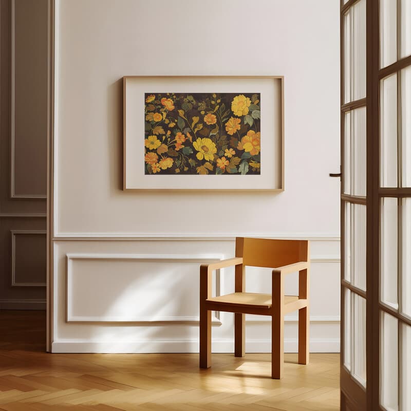 Room view with a matted frame of An art nouveau tapestry print, floral pattern