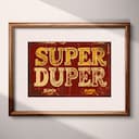 Matted frame view of A vintage linocut print, the words "SUPER DUPER"