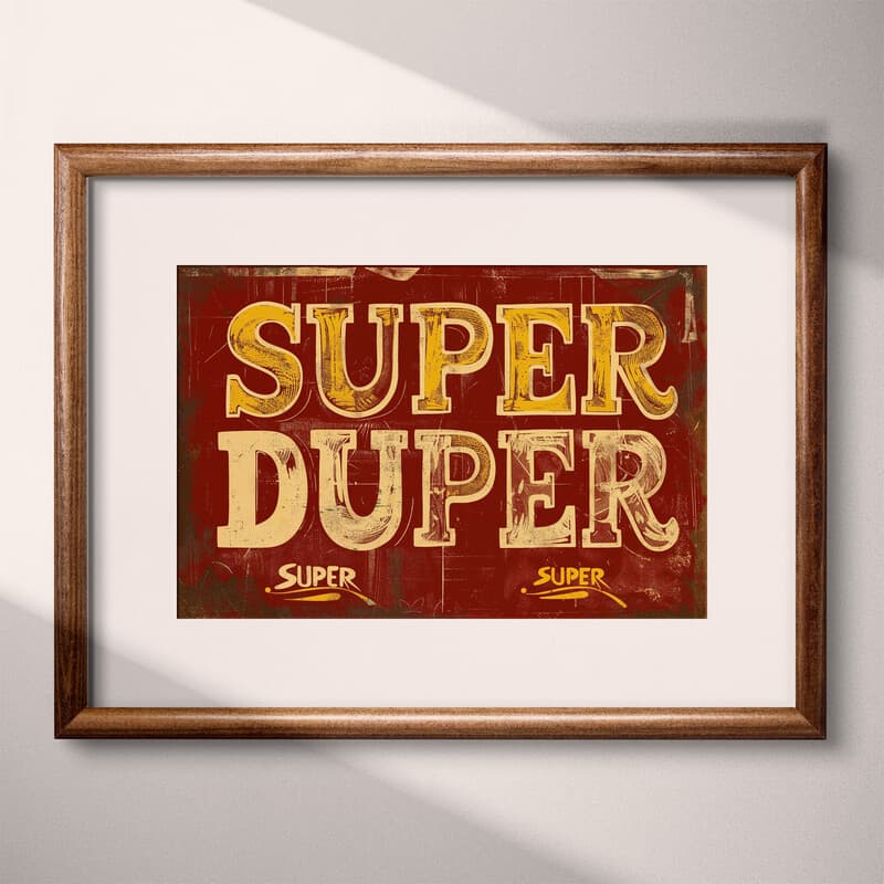 Matted frame view of A vintage linocut print, the words "SUPER DUPER"