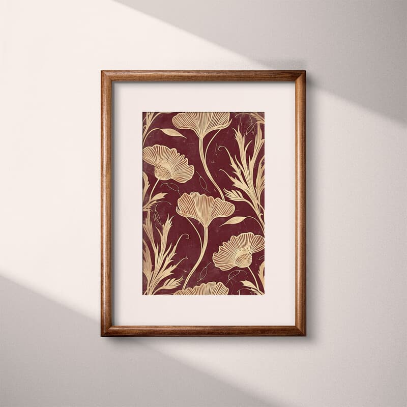 Matted frame view of An art deco textile print, symmetric floral pattern