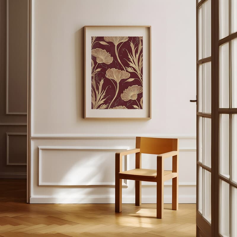 Room view with a matted frame of An art deco textile print, symmetric floral pattern