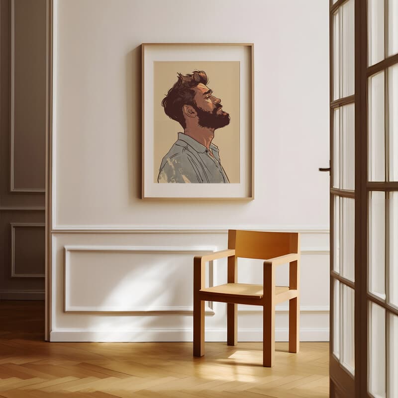 Room view with a matted frame of A vintage cartoon drawing, a man with a beard