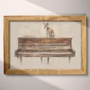 Full frame view of A mid-century pastel pencil illustration, a dog on a piano, front view