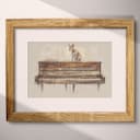 Matted frame view of A mid-century pastel pencil illustration, a dog on a piano, front view