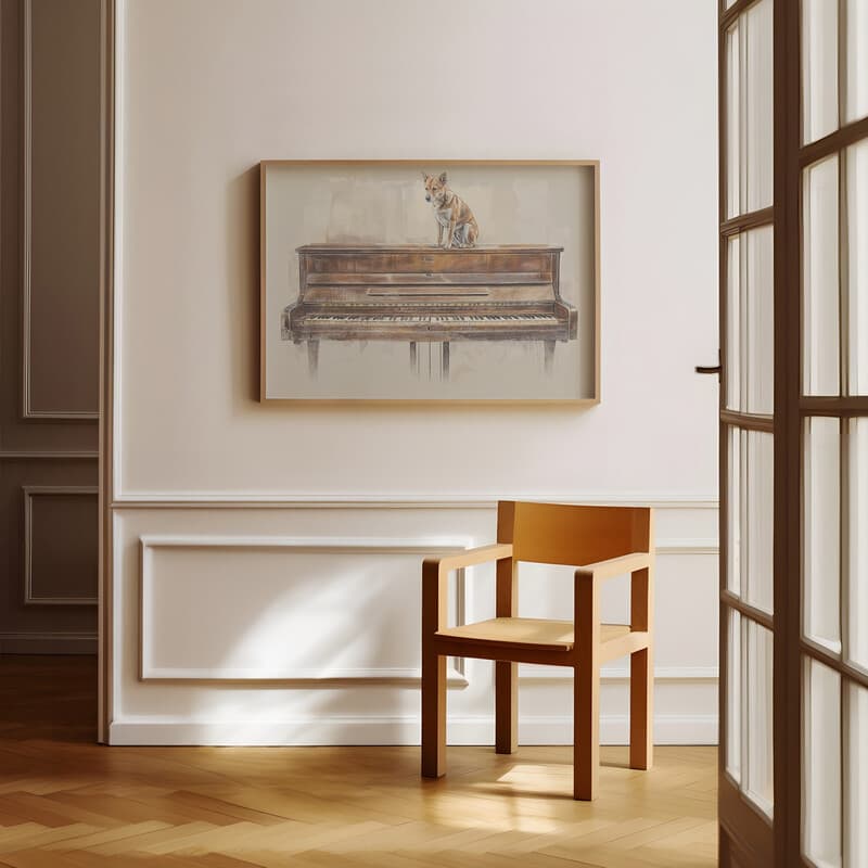 Room view with a full frame of A mid-century pastel pencil illustration, a dog on a piano, front view