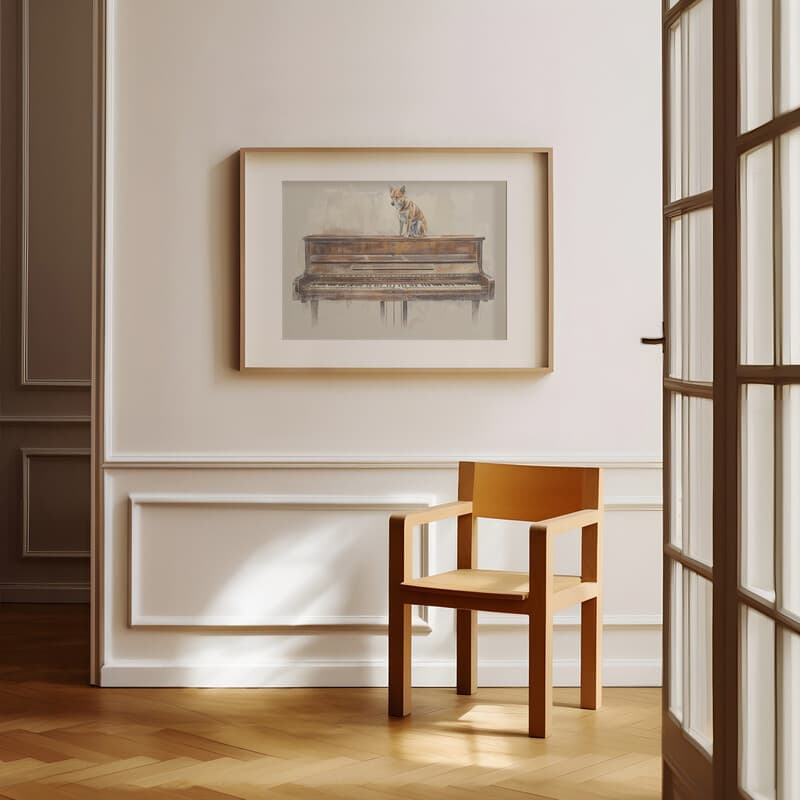 Room view with a matted frame of A mid-century pastel pencil illustration, a dog on a piano, front view