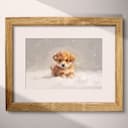 Matted frame view of A cute chibi anime pastel pencil illustration, a puppy in the snow