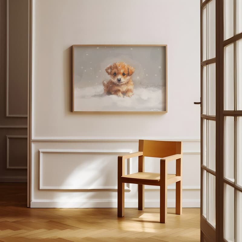 Room view with a full frame of A cute chibi anime pastel pencil illustration, a puppy in the snow