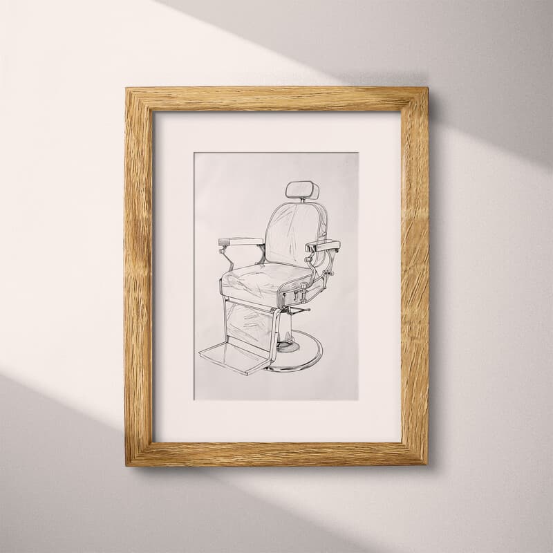 Matted frame view of A mid-century graphite sketch, a barber shop chair