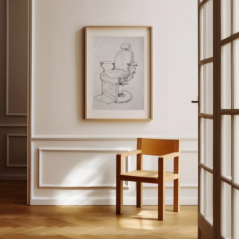 Room view with a matted frame of A mid-century graphite sketch, a barber shop chair