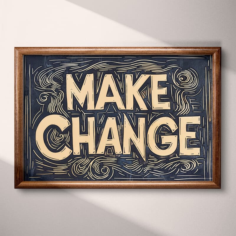 Full frame view of A vintage linocut print, the words "MAKE CHANGE"